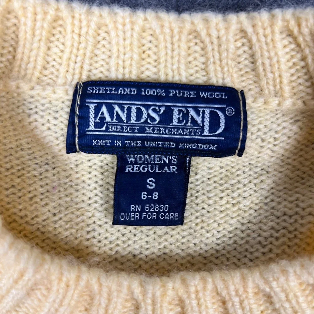 Vintage 90s Lands End Crewneck Sweater Small Yellow Shetland Wool United Kingdom